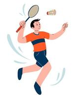 badminton mästerskap illustration. ett badminton spelare Hoppar smash skott. karaktär för sporter ställningar webb, vykort, maskot, sport skola. friska livsstil bakgrund. vektor platt illustration