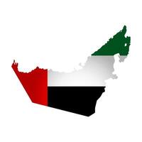 Vektor isoliert Illustration mit VAE National Flagge mit gestalten von vereinigt arabisch Emirate Karte vereinfacht. Volumen Schatten auf das Karte. Weiß Hintergrund