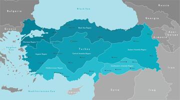 Vektor modern Illustration. vereinfacht geografisch Karte von Truthahn und nächste Zustände Syrien, Griechenland, Bulgarien, ich rannte und usw. Blau Hintergrund von schwarz und Mittelmeer Meer. Türkisch Städte und Regionen