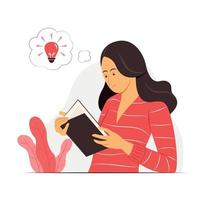 Frau ein Buch lesen und eine gute Idee denken. vektor
