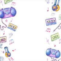 trådbunden hörlurar. audio kassett. tejp inspelare. ljud av musik och musikalisk anteckningar. musik ram med kopia Plats för text. Färg vattenfärg illustration. nostalgi för de 90s vektor