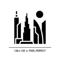 dubai skyskrapor modern svart glyf ikon. artificiell ö, vriden torn, känd landmärken. lyx livsstil tillflykt. silhuett symbol på vit Plats. fast piktogram. vektor isolerat illustration