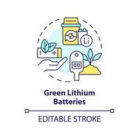 Grün Lithium Batterien multi Farbe Konzept Symbol. ökologisch freundlich Technologie. Abfall die Ermäßigung, Dekarbonisierung. runden gestalten Linie Illustration. abstrakt Idee. Grafik Design. einfach zu verwenden vektor