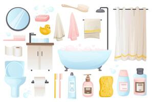 Badezimmer Werkzeuge einstellen Grafik Elemente im eben Design. bündeln von Bad, Spiegel, Seife, Gummi Ente, Handtuch, Dusche Vorhang, Kamm, Toilette, Papier, Waschbecken, Shampoo und andere. Vektor Illustration isoliert Objekte