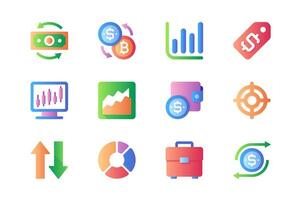 handel ikoner uppsättning i Färg platt design. packa av pengar, investering, vinst, utbyta, data analys, dollar, valuta, plånbok, mål, portfölj och Övrig. vektor piktogram för webb webbplatser och mobil app