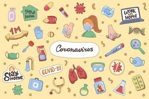Coronavirus süß Aufkleber einstellen im eben Karikatur Design. Sammlung von bleibe heim, medizinisch Maske, Lunge, COVID-19, Arzt, waschen Hände, Tabletten und andere. Vektor Illustration zum Planer oder Veranstalter Vorlage