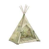 Kinder- Grün Wigwam zum Kinder zu spielen. Zelt mit Kissen und Fenster. isoliert Hand gezeichnet Aquarell Illustration zum Kinder- Innere, Karten, Aufkleber, Textilien, Design, Einladungen vektor