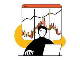 Kryptowährung Marktplatz Konzept mit Charakter Situation. Mann Analysen finanziell Statistiken, funktioniert mit Leuchter Diagramm und Tendenzen. Vektor Abbildungen mit Menschen Szene im eben Design zum Netz