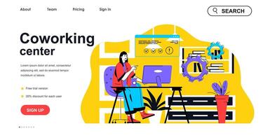 Coworking Center Konzept zum Landung Seite Vorlage. Frau Mitarbeiter Arbeiten beim Computer im öffnen Büro. Freiberufler Arbeitsplatz Menschen Szene. Vektor Illustration mit eben Charakter Design zum Netz Banner