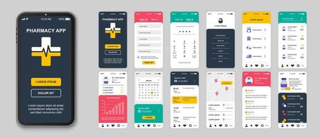 Apotheke Handy, Mobiltelefon App Bildschirme einstellen zum Netz Vorlagen. Pack von Anmeldung, online diagnostisch, Verschreibung, Bestellung Drogen, Verfolgung und andere Modelle. ui, ux, gui Benutzer Schnittstelle Kit zum Grundrisse. Vektor Design