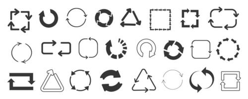 läser in symboler mega uppsättning i platt grafisk design. samling element av annorlunda rotera pilar i cirkel, fyrkant eller Övrig. vändning, återanvändning, återvinning, framsteg, rotation tecken. vektor illustration.