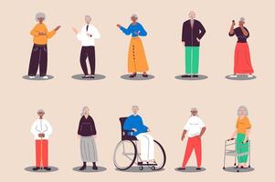 äldre människor uppsättning i platt design. pensionerad kvinnor och män stående och gående, farfar i rullstol, Övrig. bunt av olika raser tecken. vektor illustration isolerat personer för webb