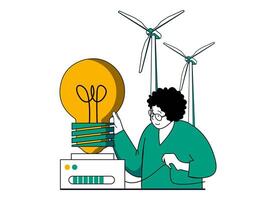 Grün Energie Konzept mit Charakter Situation. Frau Verwendet Alternative Energie Quellen und Öko freundlich Technologie von Wind Turbinen Bahnhof. Vektor Illustration mit Menschen Szene im eben Design zum Netz