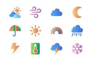 Wetter Symbole einstellen im Farbe eben Design. Pack von Wolke, Sonne, Wind, Halbmond Mond, Regenschirm, sonnig Tag, Regenbogen, Regen, Blitz, Temperatur und andere. Vektor Piktogramme zum Netz Websites und Handy, Mobiltelefon App