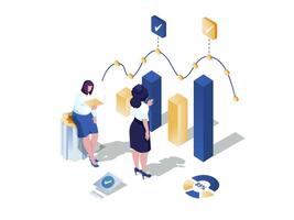 Linie Graph Konzept 3d isometrisch Netz Szene. Menschen Arbeiten mit Daten Diagramme und Herstellung statistisch Analyse. Analysten Berechnung Datum Grafiken zum Bericht. Vektor Illustration im Isometrie Grafik Design