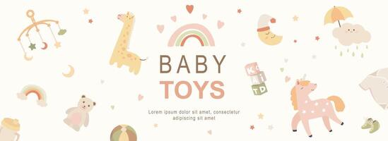 Baby Spielzeuge horizontal Netz Banner. Kinder Regenbogen, Flasche, Teddy tragen, Halbmond Mond, Einhorn, Bodysuit und andere Neugeborene Elemente. Vektor Illustration zum Header Webseite, Startseite Vorlagen im modern Design