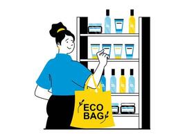 noll avfall begrepp med karaktär situation. kvinna använder sig av tyg eco väska för handla, uppköp organisk Produkter och eco vänlig föremål. vektor illustration med människor scen i platt design för webb