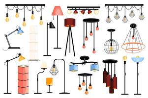 Lampen einstellen Grafik Elemente im eben Design. bündeln von anders Typen von Tabelle und Fußboden Lampen, Kronleuchter, hängend Licht Glühbirnen mit modern Lampenschirme und andere. Vektor Illustration isoliert Objekte