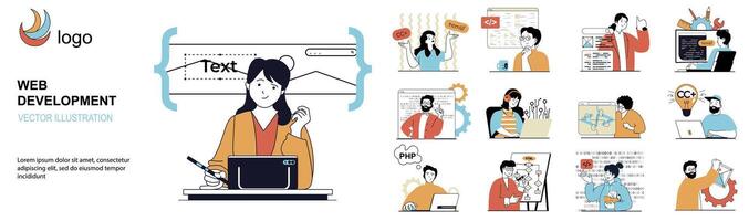 Netz Entwicklung Konzept mit Charakter Situationen Sammlung. bündeln von Szenen Menschen Arbeiten wie ui ux Designer und Erstellen App Schnittstelle von Websites Grundrisse. Vektor Abbildungen im eben Netz Design
