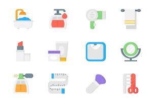 skönhet 3d ikoner uppsättning. packa platt piktogram av tvätta i bad, kosmetika, hår torktumlare, handduk, läppstift, grädde och lotion, vågar, spegel, parfym och Övrig. vektor element för mobil app och webb design