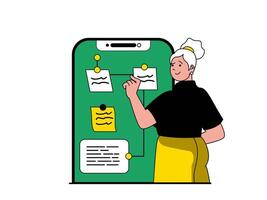 Produktivität Arbeitsplatz Konzept mit Charakter Situation. Frau organisiert Arbeitsablauf und Prozesse, schafft Anmerkungen mit Handy, Mobiltelefon Anwendung. Vektor Illustration mit Menschen Szene im eben Design zum Netz