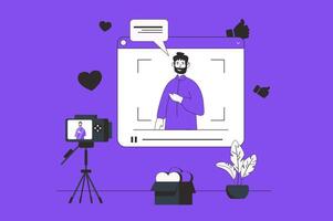 Bloggen Netz Konzept mit Charakter Szene im eben Design. Menschen Erstellen Inhalt zum Anhänger, Aufzeichnung Video im Blog, Streaming beim Studio. Vektor Illustration zum Sozial Medien Marketing Material.