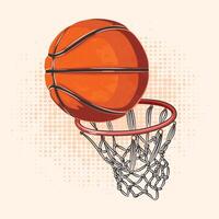 Vektor Illustration von ein Basketball Ball im ein Basketball Korb, Basketball Turnier,
