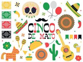 cinco de mayo firande i Mexiko, ikoner uppsättning, design element, platt stil, samling objekt för cinco de mayo parad med pinata, mat, sambrero, tequila kaktus, flagga, skalle etc vektor illustration