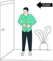 Vektor ein Mann haben Bauch schmerzen ist Stehen im Vorderseite von Toilette Konzept eben Illustration