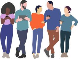 annorlunda ung människor se in i de smartphone. människor stå full kropp. platt stil tecknad serie vektor illustration.