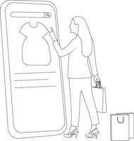 Linie Kunst von ein glücklich jung modisch Frau Tragen Einkaufen Taschen und klicken im Handy, Mobiltelefon Clever Telefon Konzept Illustration, e Handel, kaufen, Einkaufen, online speichern, Rabatt, Produkt Rezension. vektor