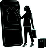 Silhouette von glücklich jung modisch Frau Tragen Einkaufen Taschen Bestellung im Handy, Mobiltelefon Clever Telefon Konzept Illustration, e Handel, kaufen, Einkaufen, online speichern, Rabatt, Produkt Rezension. vektor