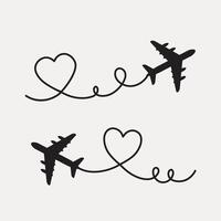 uppsättning flygplan linje väg, flygplan hjärta ikon vektor illustration