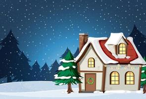 jul bakgrund med snö hus på natten vektor