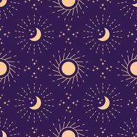 sömlös mönster måne Sol strålar stjärnor, magi bakgrund vektor illustration
