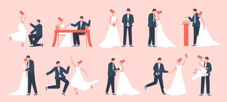 Hochzeit Paar. Ehe Braut und Bräutigam, Jungvermählten im Liebe, jung Familie Tanzen und Feiern, Ehe Zeremonie Vektor Illustration einstellen