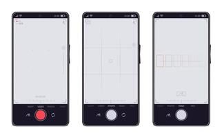 Smartphone Kamera Schnittstelle. Handy, Mobiltelefon Telefone Video und Foto Anwendung, Handy, Mobiltelefon Sucher Bildschirme. Telefon Kamera Anzeige Vektor Symbole einstellen