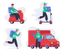 Lieferung Bedienung Figuren. Kurier oder Post- Mitarbeiter auf van und trete Roller, schnell Lieferung Service. Paket Lieferung Vektor Illustration einstellen