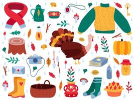 Herbst Elemente. fallen Karikatur Hygge gemütlich Pullover, Stiefel, Herbst Blätter, Pilze, Kürbis und Truthahn isoliert Vektor Illustration einstellen