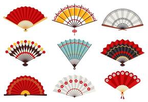 Hand Papier Fans. asiatisch traditionell falten Hand Fan, japanisch Souvenir, hölzern Chinesisch Hand traditionell Fans Vektor Illustration Symbole einstellen