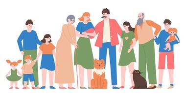 familj porträtt. mamma, pappa, Tonårs dotter och son, Lycklig familj med barn, annorlunda generationer tecken vektor isolerat illustration