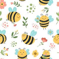 Bienen nahtlos Muster. süß Hand gezeichnet Honig Bienen, fliegend Gelb Insekten, Blumen und Honigbiene Gekritzel Hintergrund Vektor Hintergrund Illustration