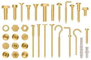 realistisch golden Hardware. Konstruktion Gold Metall verhexen Deckel Nüsse, 3d Metall Fixierung Gang, rostfrei Schrauben und Schrauben Vektor Illustration Symbole einstellen