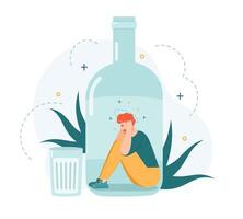 Alkohol Sucht. betrunken Mann Innerhalb Alkohol Flasche, Schlecht Gewohnheit und ungesund Lebensstil, Alkohol süchtig frustriert Person Vektor Illustration