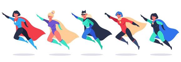 superhjältar kvinnor. undra kvinna tecken, super flickor i superhjälte vinka dölja kostym, kraftfull kvinna superhjälte vektor illustration uppsättning