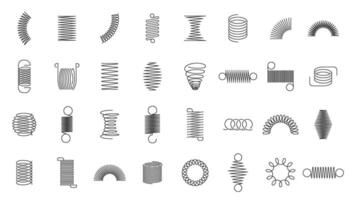 Frühling Spulen. Metall Spiral- Frühling, Auto Motor- Spule wirbelt Silhouette, Draht Federn, metallisch flexibel Spulen und linear Stahl gebogen Spiral- Elemente isoliert Vektor Symbole einstellen