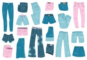 Jeans Kleidung. Denim Hose, kurze Hose und Rock, Blau Jeans unisex Kleidung. stilvoll beiläufig Denim Kleider Vektor Illustration einstellen