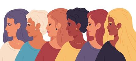 Frauen Tag. weiblich Profil Porträts, Schwesternschaft vielfältig Gruppe, Frauen Ermächtigung Bewegung Vektor Illustration. Frauen Profil Gesichter