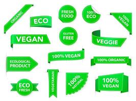 vegan märken. eco organisk vegetarian taggar, vegan hälsa diet etiketter, vegetarian Produkter märken, friska diet emblem vektor isolerat ikoner uppsättning