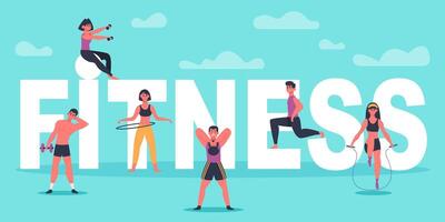 Fitness Figuren. jung Menschen ausüben in der Nähe von groß Fitness Briefe, Ausbildung Mann und Frau, Sport trainieren Konzept Vektor Illustration